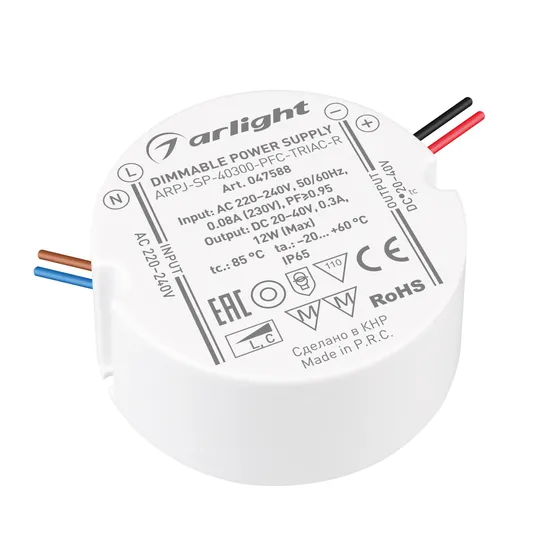 Фото #1 товара Блок питания ARPJ-SP-40300-PFC-TRIAC-R (12W, 20-40V, 300mA) (Arlight, IP65 Пластик, 5 лет)